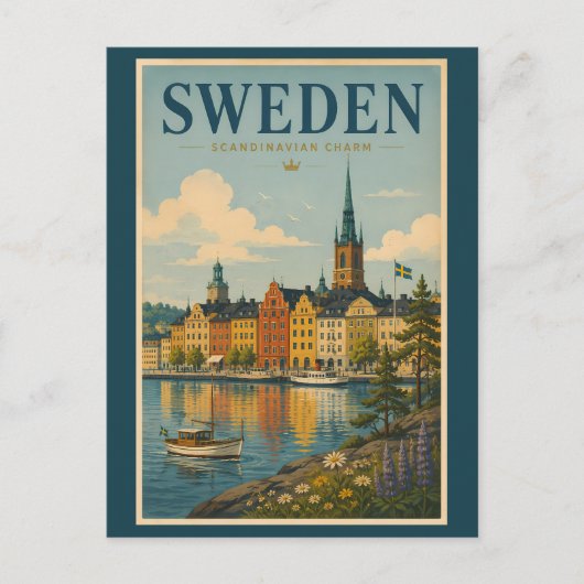 スウェーデンの風景イラスト 旅行アート ヴィンテージ ポストカード (正面)