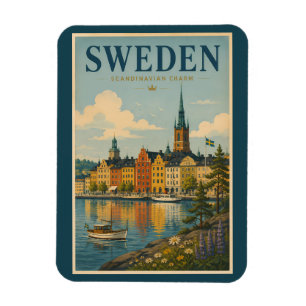 スウェーデンの風景イラスト 旅行アート ヴィンテージ マグネット