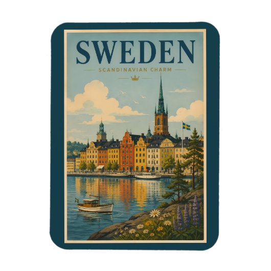 スウェーデンの風景イラスト 旅行アート ヴィンテージ マグネット (縦)