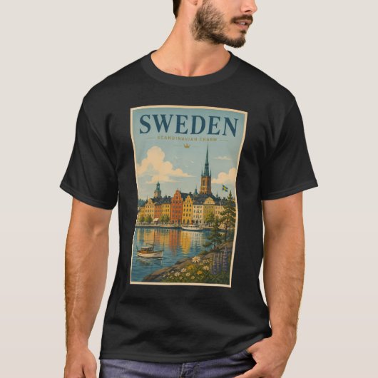 スウェーデンの風景イラスト 旅行アート ヴィンテージ Tシャツ (正面)