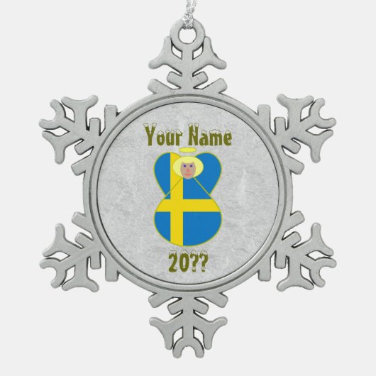 スウェーデンエンジェル国旗ブロンド髪 スノーフレークピューターオーナメント (正面)
