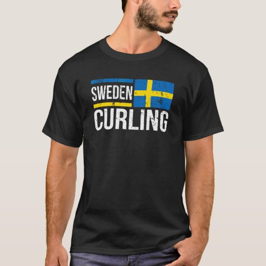 スウェーデンカーリング国旗の石スポーツカーラースキップチーム Tシャツ (正面)