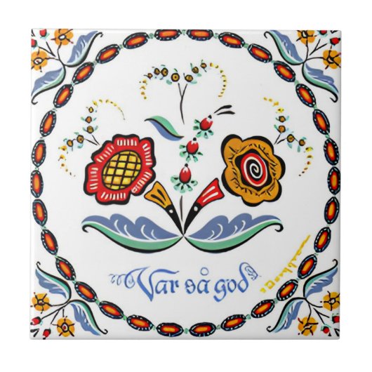 スウェーデンシンプルタイル赤黄色の花 タイル (正面)