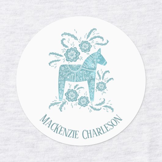 スウェーデンダラホースグリーンアンドホワイト名前をカスタムする ラベル (デザイン1)