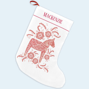 スウェーデンダラホースフォークアパーソナライズされたートレッドホワイト スモールクリスマスストッキング