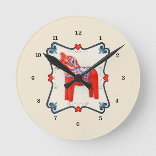 スウェーデンダラホースフォークアートフレーム ラウンド壁時計 (正面)