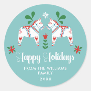 スウェーデンダラホースフォークハッピーホリデーズクリスマス ラウンドシール