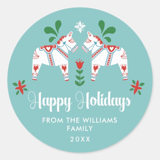 スウェーデンダラホースフォークハッピーホリデーズクリスマス ラウンドシール (正面)