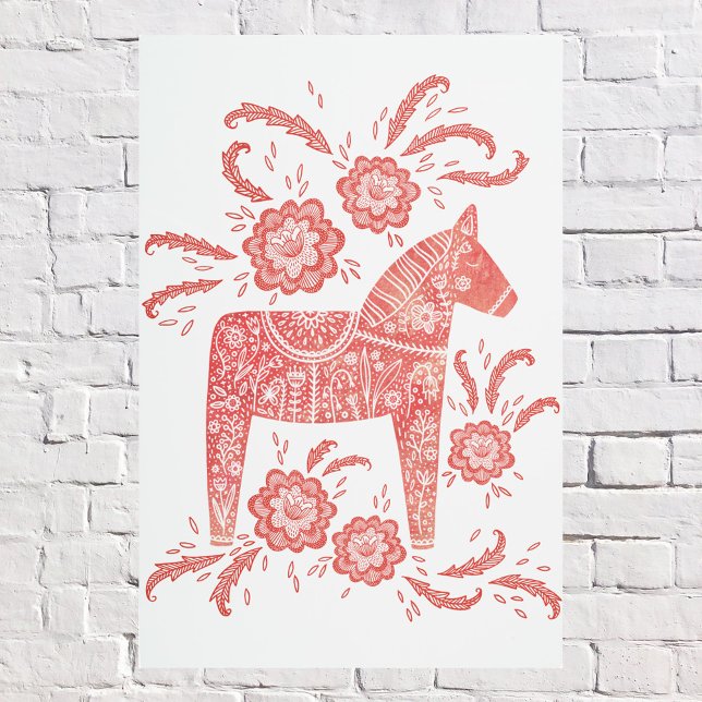 スウェーデンダラホース赤と白フォークアート メタルプリント (Swedish Dala Horse red and white metal art print)
