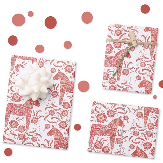 スウェーデンダラホース赤と白フォークアート ラッピングペーパーシート