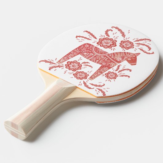 スウェーデンダラホース赤と白フォークアート 卓球ラケット (正面アングル)
