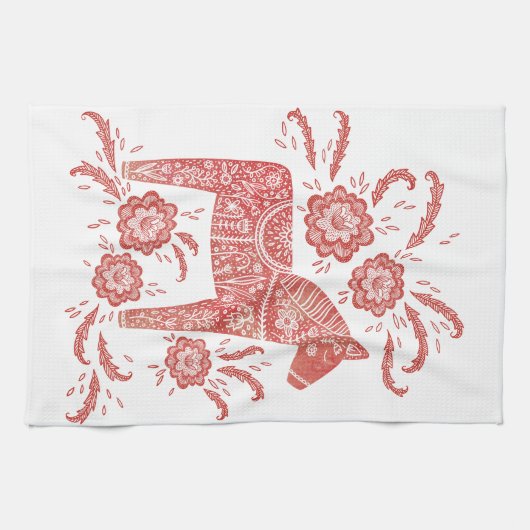 スウェーデンダラ赤と白ホース キッチンタオル (横)