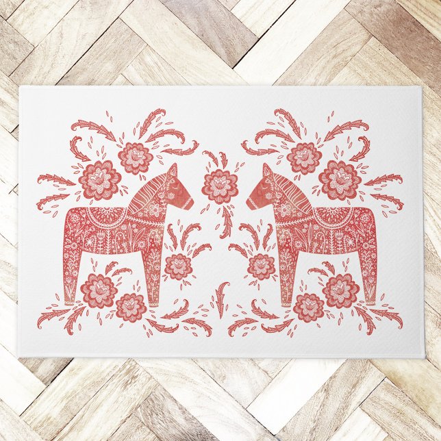 スウェーデンダラ赤と白ホース ドアマット (Swedish Dala Horse red and white door mat)