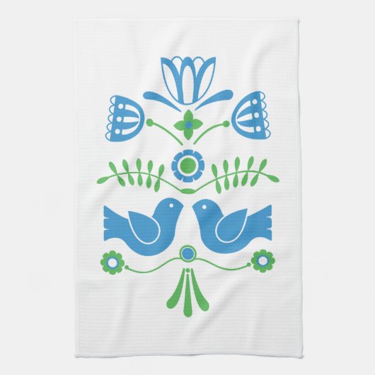 スウェーデンフォークアートブルーバード&フラワー キッチンタオル (縦)