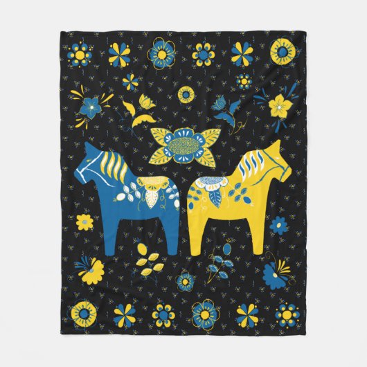 スウェーデンフォークダラホースLブルーアンドイエロー フリースブランケット (正面)
