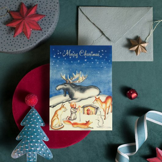スウェーデンヴィンテージウッドランドダークブルーメリークリスマス シーズンカード