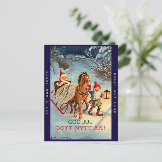 スウェーデン人のTomteの古い小妖精や小人のメリークリスマス及び新年 シーズンポストカード (スタンド正面)