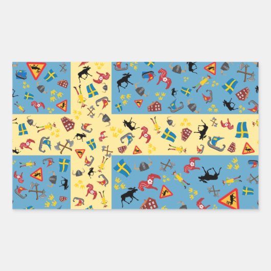 スウェーデン国旗と文化アイコンのステッカー 長方形シール (正面)