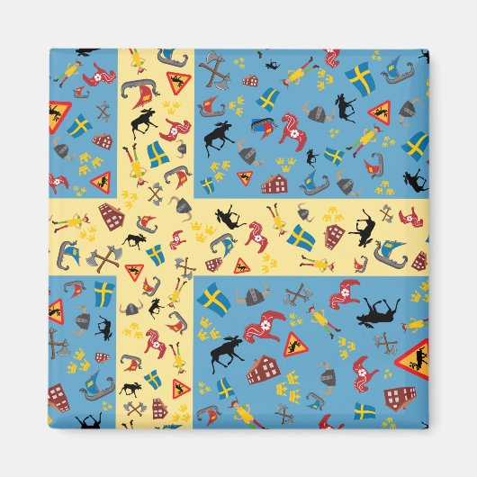 スウェーデン国旗と文化アイコン磁石 マグネット (正面)