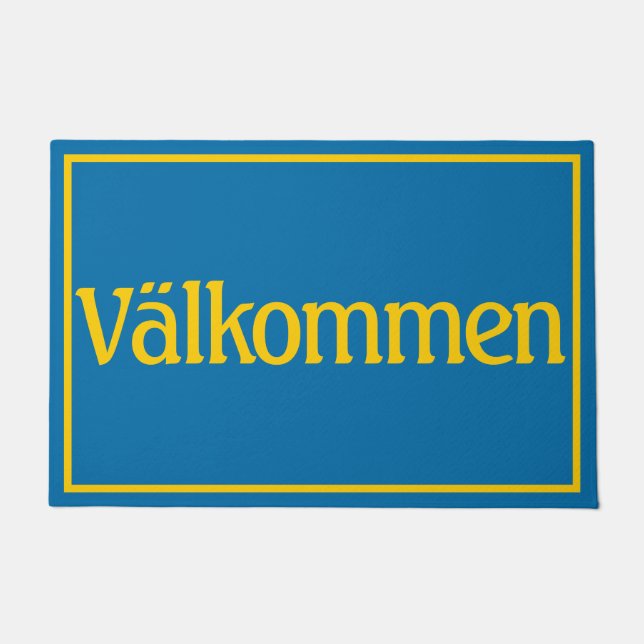 スウェーデン国旗の色でVelkommenへようこそ ドアマット (正面)