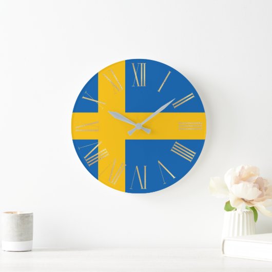 スウェーデン金ゴールドローマ数字付きスウェーデン国旗 ラージ壁時計 (ホーム)