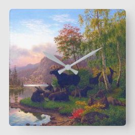 スウェ威厳のあるーデンの秋の風景のキャンプでムース スクエア壁時計