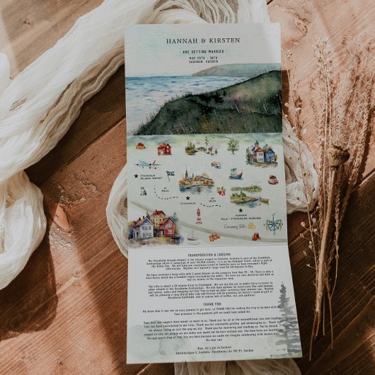 スウェ結婚ーデン図解入りの、写真付きのの地図 三つ折り招待状