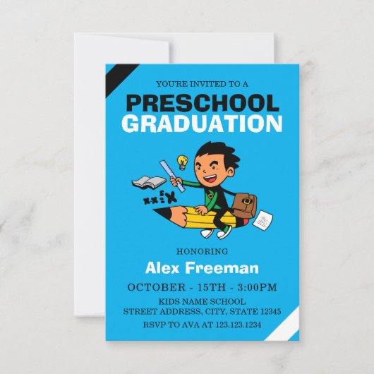 スカイおもしろいブルーボーイプリスクール卒業 招待状 (正面)