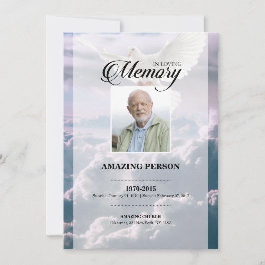 スカイと鳩の葬儀祈りの言葉カードテンプレート (正面)