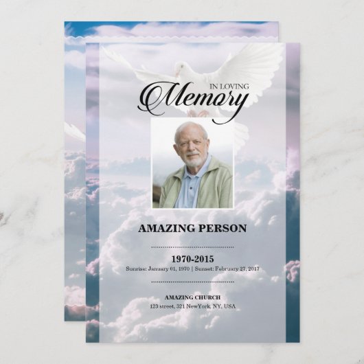 スカイと鳩の葬儀祈りの言葉カードテンプレート (正面/裏面)