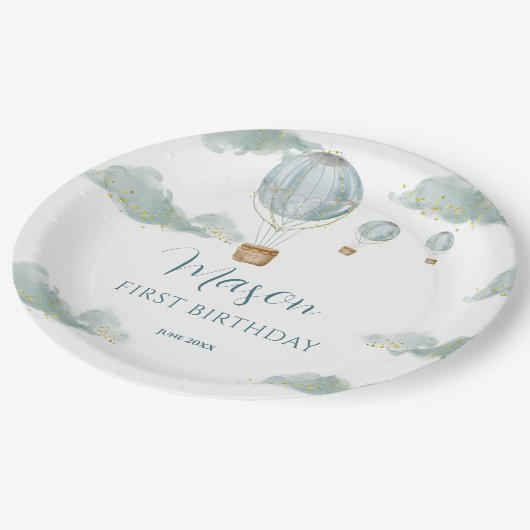 スカイアドベンチャーブルーホットエアバルーンファースト誕生日 ペーパープレート (アングル)
