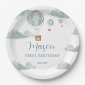 スカイアドベンチャーブルーホットエアバルーンファースト誕生日 ペーパープレート (正面)