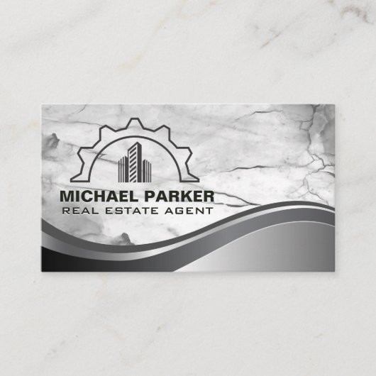 スカイスクレーパー建物 |大理石メタル背景 名刺 (正面)