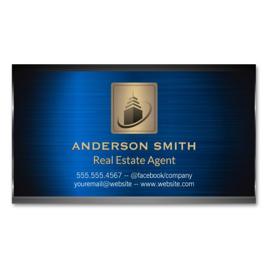 スカイスクレーパー建物 | 青いメタリック背景 マグネット名刺 (正面)