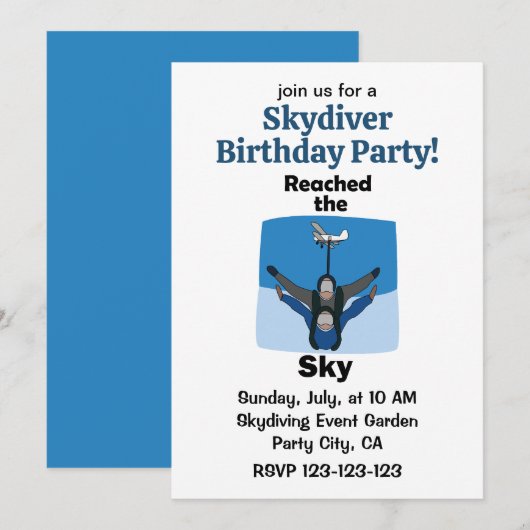スカイダイビングが空に到達 スカイダイバー 誕生日パーティー 招待状 (正面/裏面)