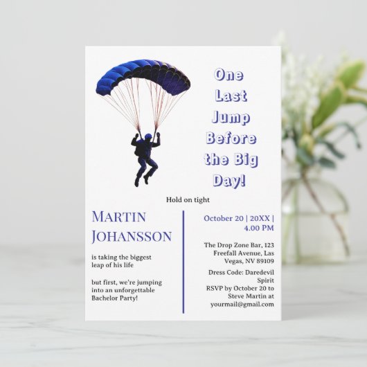 スカイダイビングバチュラーパーティおもしろいアドベンチャーテーマ 招待状 (スタンド正面)