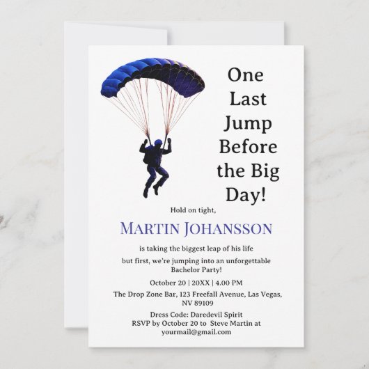 スカイダイビングバチュラーパーティおもしろいアドベンチャーテーマ 招待状 (正面)