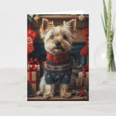 スカイテリアの犬とクリスマスプレゼントの暖炉 カード (正面)