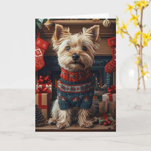 スカイテリアの犬とクリスマスプレゼントの暖炉 カード (黄色い花)