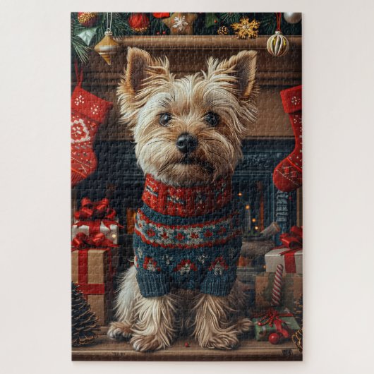 スカイテリアの犬とクリスマスプレゼントの暖炉 ジグソーパズル (縦)