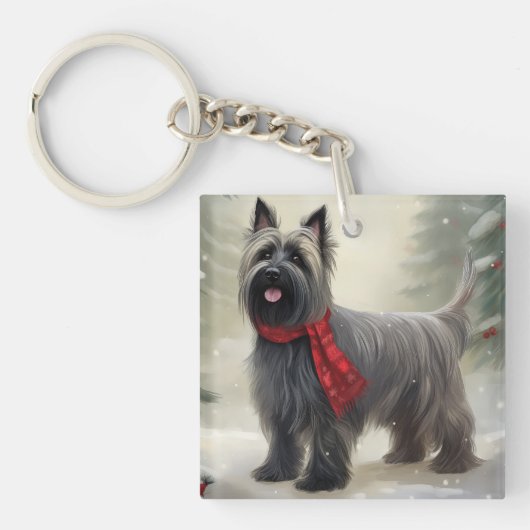スカイテリアの犬と雪のクリスマス キーホルダー (正面)