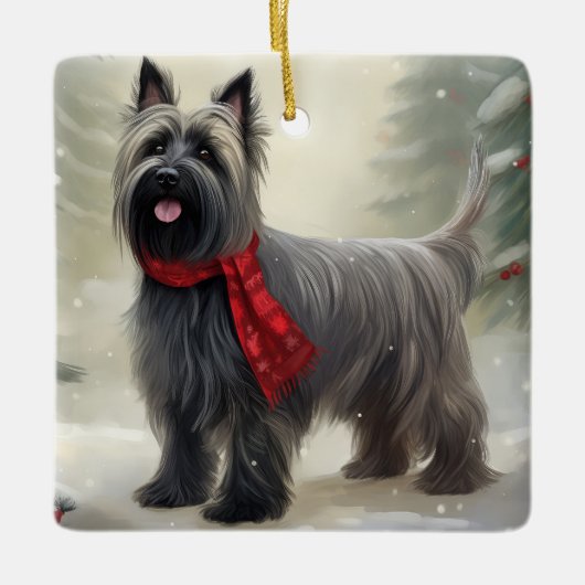スカイテリアの犬と雪のクリスマス セラミックオーナメント (正面)