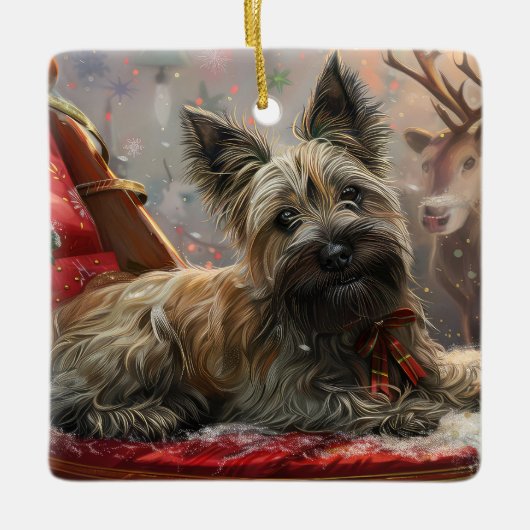 スカイテリアの犬のクリスマスのお祭り セラミックオーナメント (正面)