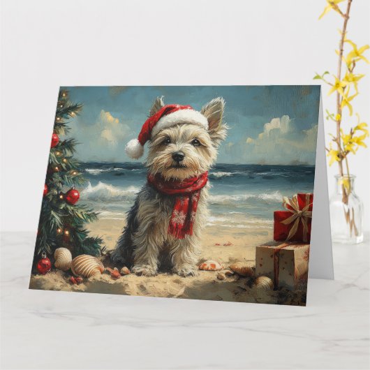 スカイテリアの犬のクリスマスビンテージビーチ カード (黄色い花)