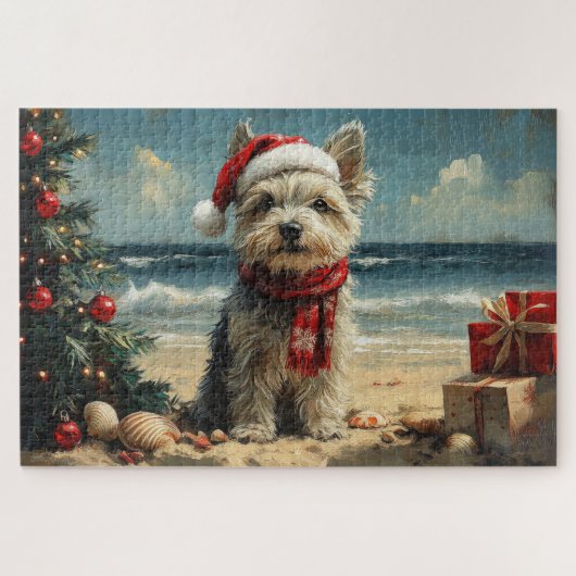 スカイテリアの犬のクリスマスビンテージビーチ ジグソーパズル (横)