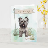 スカイテリア犬が誕生日標識で繁殖 カード (黄色い花)