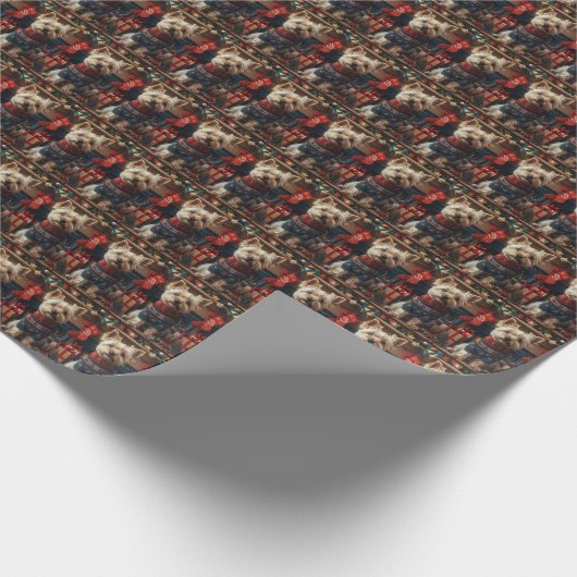 スカイテリア犬とクリスマスプレゼント暖炉 ラッピングペーパー (角)