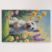 スカイテリア 犬 春の花 絵画 ジグソーパズル (横)