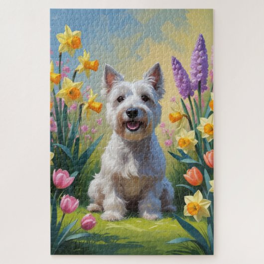 スカイテリア 犬 春の花 絵画 ジグソーパズル (縦)