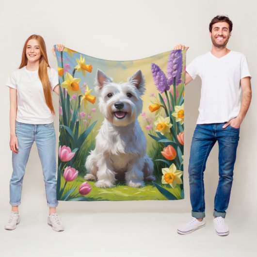 スカイテリア 犬 春の花 絵画 フリースブランケット (インサイチュ)